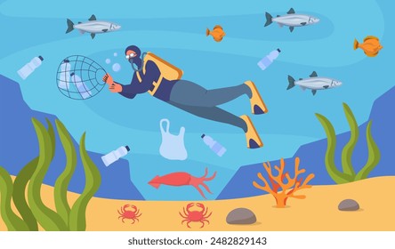 El buzo limpia el mar. Hombre en traje de buceo Explore fondos marinos y botellas de plástico transparente. Lucha contra la contaminación oceánica. Activista ecológico y voluntario. Ilustración vectorial de dibujos animados