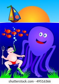 A diver in the company of a large octopus, vector fun
