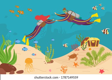 Diver couple diving adventure at sea, vector illustration. Man woman character cartoon recreation in ocean, aquatic design activity. Extreme deep underwater tourism with dive equipment.