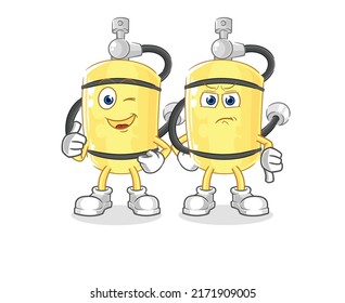los pulgares hacia arriba y los pulgares hacia abajo del cilindro de buceador. vector de mascota de dibujos animados