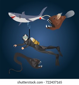 Diver in deep waters of ocean among marine creatures, vector