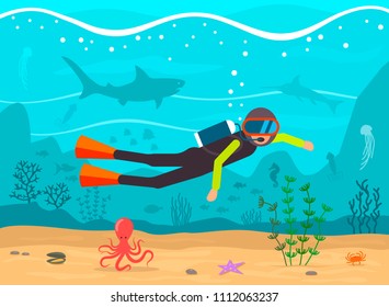 Diver dives in the ocean. Underwater reef with fish, shark, octopus, seahorse and algae. Vector illustration. concept of summer holidays and travels