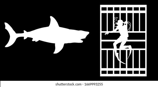 Diver in diving cage observing a great white shark vector silhouette isolated.  Swimming biology research. Brave explorer against shark under water. Scary scene in marine wildlife. Help beach swimmers