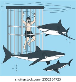 Diver in diving cage observing a great white shark vector silhouette isolated. Swimming research. Brave explorer against shark under water. Scary scene in marine wildlife. Help for swimmers. 2352