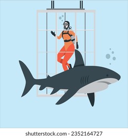 Diver in diving cage observing a great white shark isolated. Swimming biology research. Brave explorer against shark under water. Scary scene in marine wildlife. Help for ocean beach swimmers. 2351