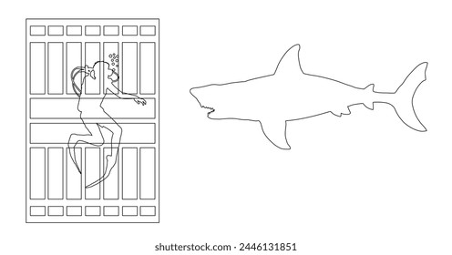 Diver in diving cage observing a great white shark vector line contour illustration isolated.  Swimming biology research. Explorer against shark under water silhouette. Scary scene in marine wildlife.