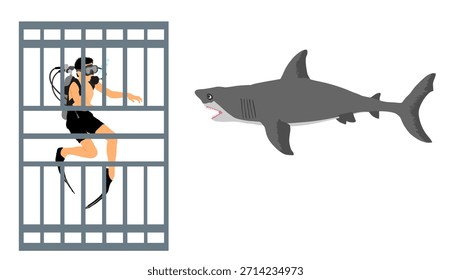 Buzo en jaula de buceo observando gran Ilustración vectorial de tiburón blanco aislado. Investigación en biología de la natación. Explorador contra tiburón bajo el agua. Escena aterradora en la vida marina. Ayuda a los nadadores de la playa del océano.