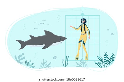 Diver In Diving Cage Observing White Shark. Ocean Biology Research. Brave Female Explorer Against Shark Under Water. Scary Scene In Marine Wildlife. Flat Cartoon Vector Illustration