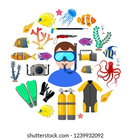 Diver with diving equipment and ocean animals on white background. Vector illustration.