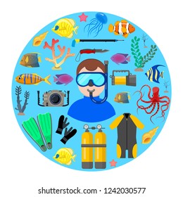 Diver with diving equipment and ocean animals on blue background. Vector illustration.