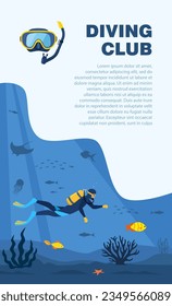 Diver with diving equipment swims in the sea. Seascape banner with man underwater. Character wearing wetsuit with oxygen tank and fins. Underwater world. Vector illustration