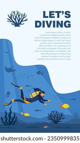 Diver with diving equipment swims in the sea. Seascape banner with man underwater. Character wearing wetsuit with oxygen tank and fins. Underwater world. Vector illustration