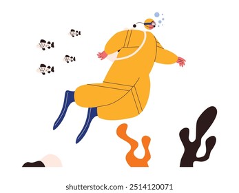 Diver diving in the sea with beautiful view, outdoor activity, extreme sports vector illustration.