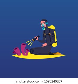 Diver in diving suit, cartoon character diving, swimming and exploring coral reef plants on seabed, flat cartoon vector illustration on undersea landscape background.