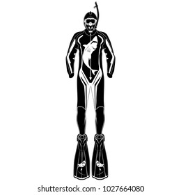 Diver in diving suit, flippers, mask with snorkel black template on white background. Flat vector illustration isolated on white background.