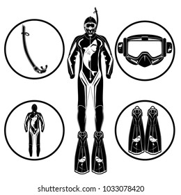 Diver in diving suit, flippers, mask, snorkel icon set. Diving equipment black templates on white background. Flat vector illustration isolated on white background.