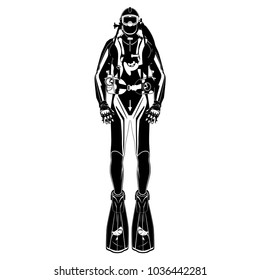 Diver in diving suit, flippers, mask and aqualung black template on white background. Flat vector illustration isolated on white background.