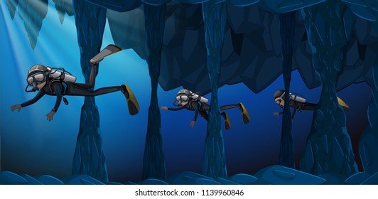 Diver diving in underwater cave illustration