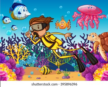 Diver diving underwater with many sea animals illustration