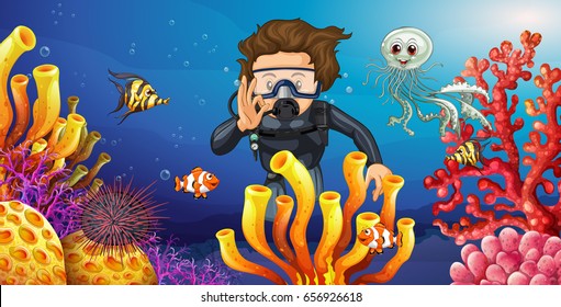 Diver diving underwater with many sea animals illustration