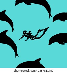 Diver and dolphin. Seamless vector pattern. Silhouettes are drawn by hand.