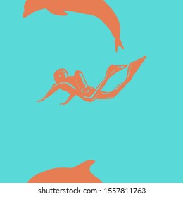 Diver and dolphin. Seamless vector pattern. Silhouettes are drawn by hand.