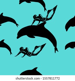 Diver and dolphin. Seamless vector pattern. Silhouettes are drawn by hand.
