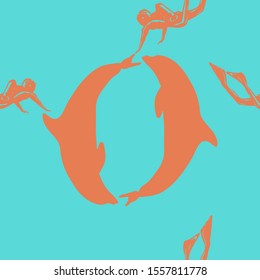Diver and dolphin. Seamless vector pattern. Silhouettes are drawn by hand.