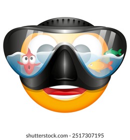 Emoji mit Fisch auf weißem Hintergrund.  Emoticon mit Tauchmaske. Nettes Emoticon.