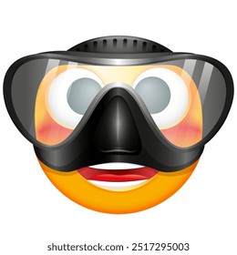 Diver emoji on white background.  Emoticon with scuba mask and diving snorkel. Cute emoticon.