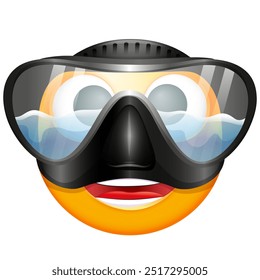 Emoji de buceador sobre fondo blanco.  Emoticon con máscara de buceo y buceo. Lindo emoticono.