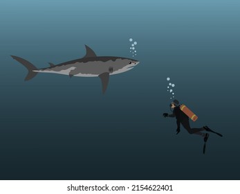 A diver is encountering a shark under the sea.
