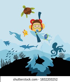 Diver explorers and reef underwater wildlife. Silhouette of coral reef with fish and scuba diver on a blue sea background. Underwater marine wildlife. Nature vector illustration