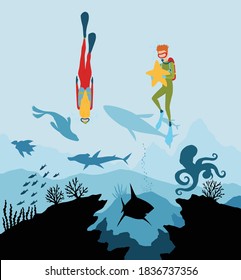 Diver explorers and reef underwater wildlife. Silhouette of coral reef with fish and scuba diver on a blue sea background. Underwater marine wildlife. Nature vector illustration