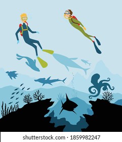 Diver explorers and reef underwater wildlife. Silhouette of coral reef with fish and scuba diver on a blue sea background. Underwater marine wildlife. Nature vector illustration