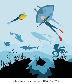 Diver explorers and reef underwater wildlife. Silhouette of coral reef with fish and scuba diver on a blue sea background. Underwater marine wildlife. Nature vector illustration