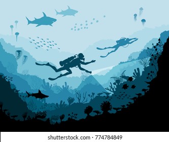 Diver explorers and reef Underwater wildlife