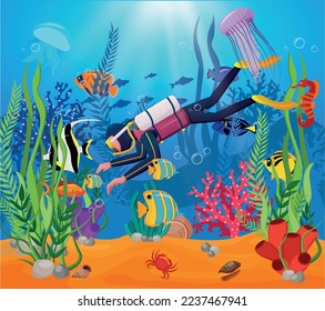 A diver exploring coral reefs and marine fish