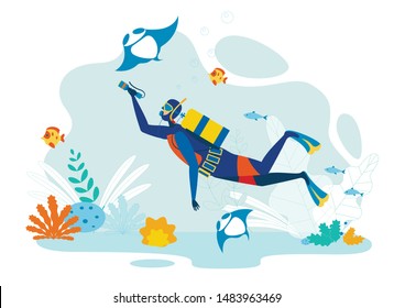 Diver Exploring Marine Life Flat Illustration. Underwater Sport, Snorkeling, Free Diving Extreme Hobby. Scuba Diver Holding Flashlight, Swimming in Sea Cartoon Vector Character. Ocean Fish and Seaweed