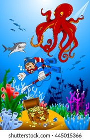 diver exploring treasure in sea - vector illustration