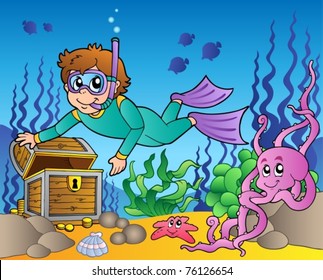 Diver exploring treasure in sea - vector illustration.