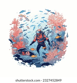 A diver exploring a vibrant coral reef filled with fish, vector illustration