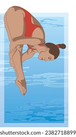 diver, female in pike diving position with swimming pool in the background