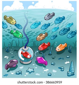 Diver fish in a fishbowl as a diving bell on sea bottom surrounded by many nosy fish swimming in the ocean (isometric view)