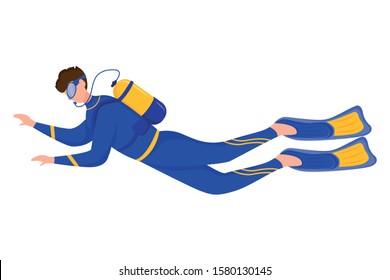 Ilustración vectorial plana del buzo. Nadadora submarina con traje de submarinismo. Equipo de Scuba. Ocupación marítima. Aqualung. Caricatura aislada de Frogman sobre fondo blanco