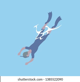 Diver in flippers and mask diving into deep sea waters, top view. Vector snorkeling man in protective swimsuit spend free time at summer. 