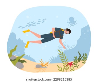 Diver floating concept. Man in rubber suit with oxygen tank swims underwater and explores seabed. Banner for diving club website. Extreme hobby and leisure. Cartoon flat vector illustration