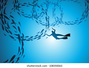 The diver floats among jambs of fishes against the sun