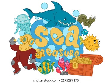 Diver Floats on the Bottom of the Sea Next to the Chest of Gold. Sea Treasure Surrounded by Fish Corals and Algae. Weird Cartoon Illustration with Lettering.