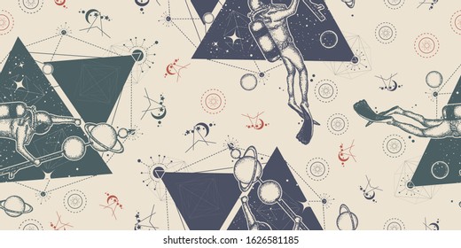 Diver floats in space. Seamless pattern. Packing old paper, scrapbooking style. Vintage background. Medieval manuscript, engraving art. Symbol of science, research, space travel 